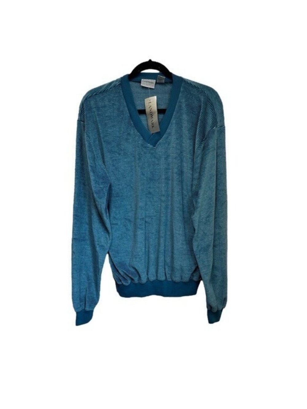 Vintage Landmark Men’s XL V Neck Knit Sweater Blue Striped Long Sleeve NWT